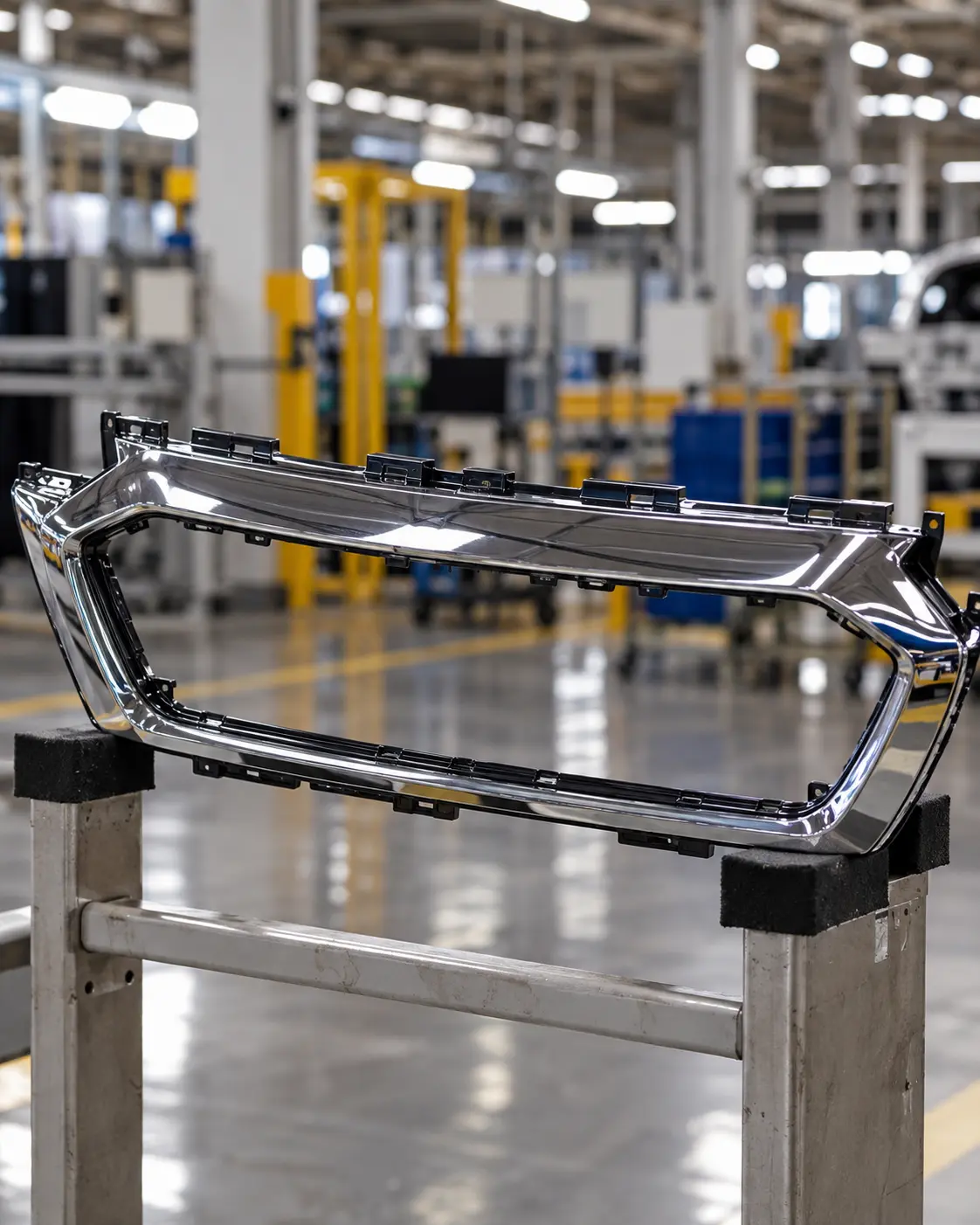 Moldura de grade automotiva cromada sobre suporte na fábrica